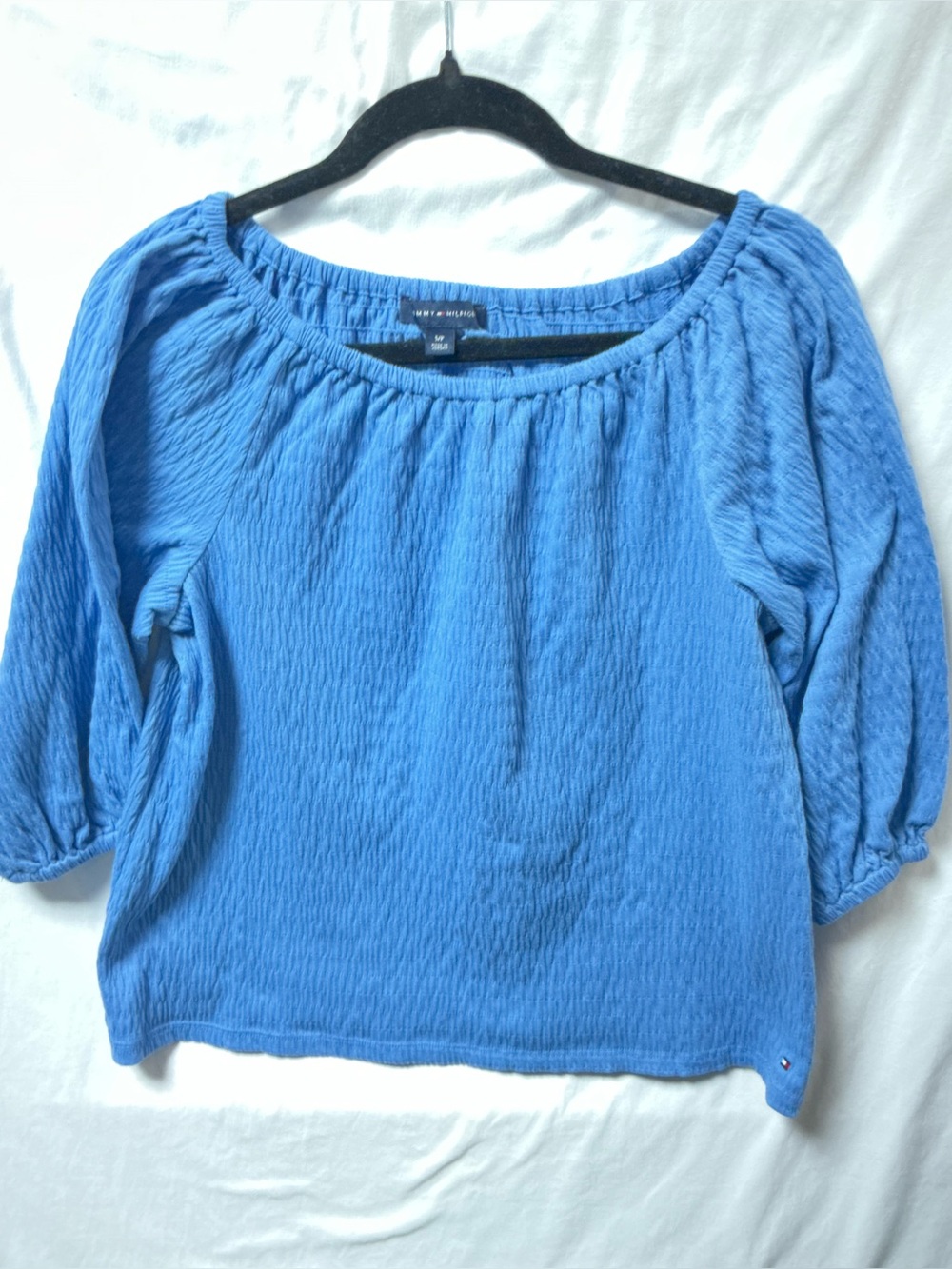 Tommy Hilfiger Light Blue Off-Shoulder Textured Blouse